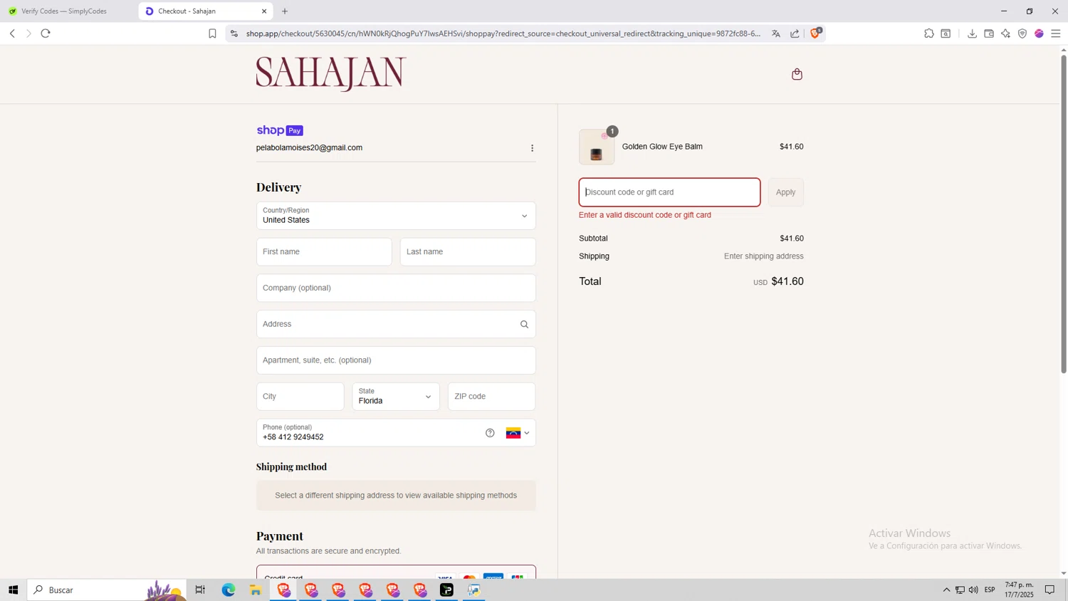 Sahajan discount code screenshot showing code DISCOVER15 applied at Sahajan checkout page. Uploaded by SimplyCodes community member Monitos on Jul 18, 2025