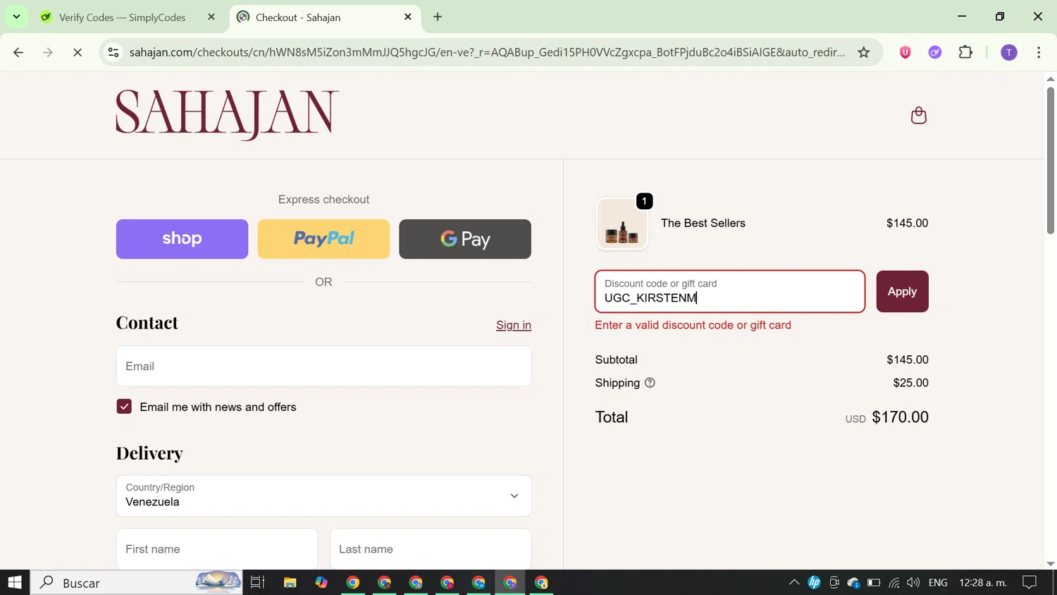 Sahajan discount code screenshot showing code UGC_KIRSTENM applied at Sahajan checkout page. Uploaded by SimplyCodes community member FortunateCurator5882 on Feb 17, 2026