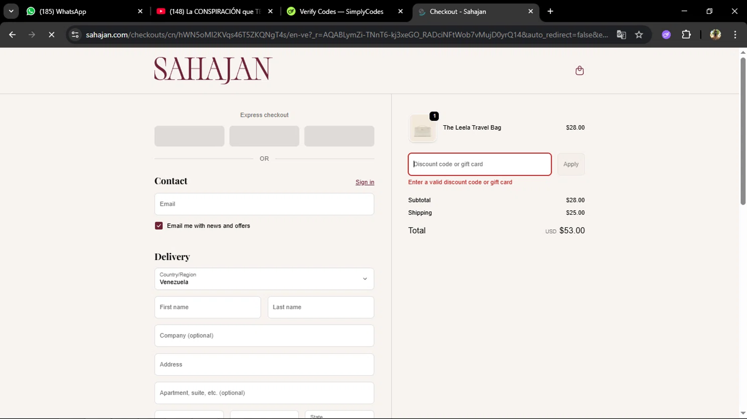 Sahajan discount code screenshot showing code UGC_KIRSTENM applied at Sahajan checkout page. Uploaded by SimplyCodes community member ELVERDEDESAMP on Nov 28, 2025
