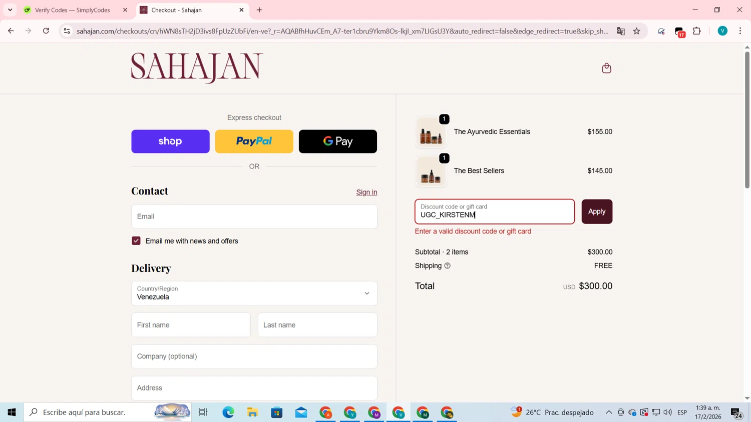 Sahajan discount code screenshot showing code UGC_KIRSTENM applied at Sahajan checkout page. Uploaded by SimplyCodes community member lyffytaro on Feb 17, 2026