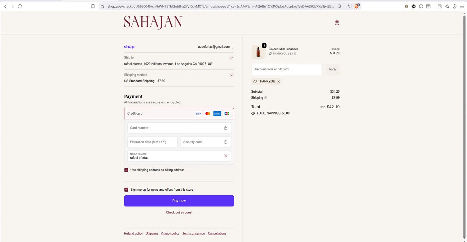 Sahajan checkout page showing Sahajan discount code box | Screenshot taken by SimplyCodes community member on Feb 12, 2026