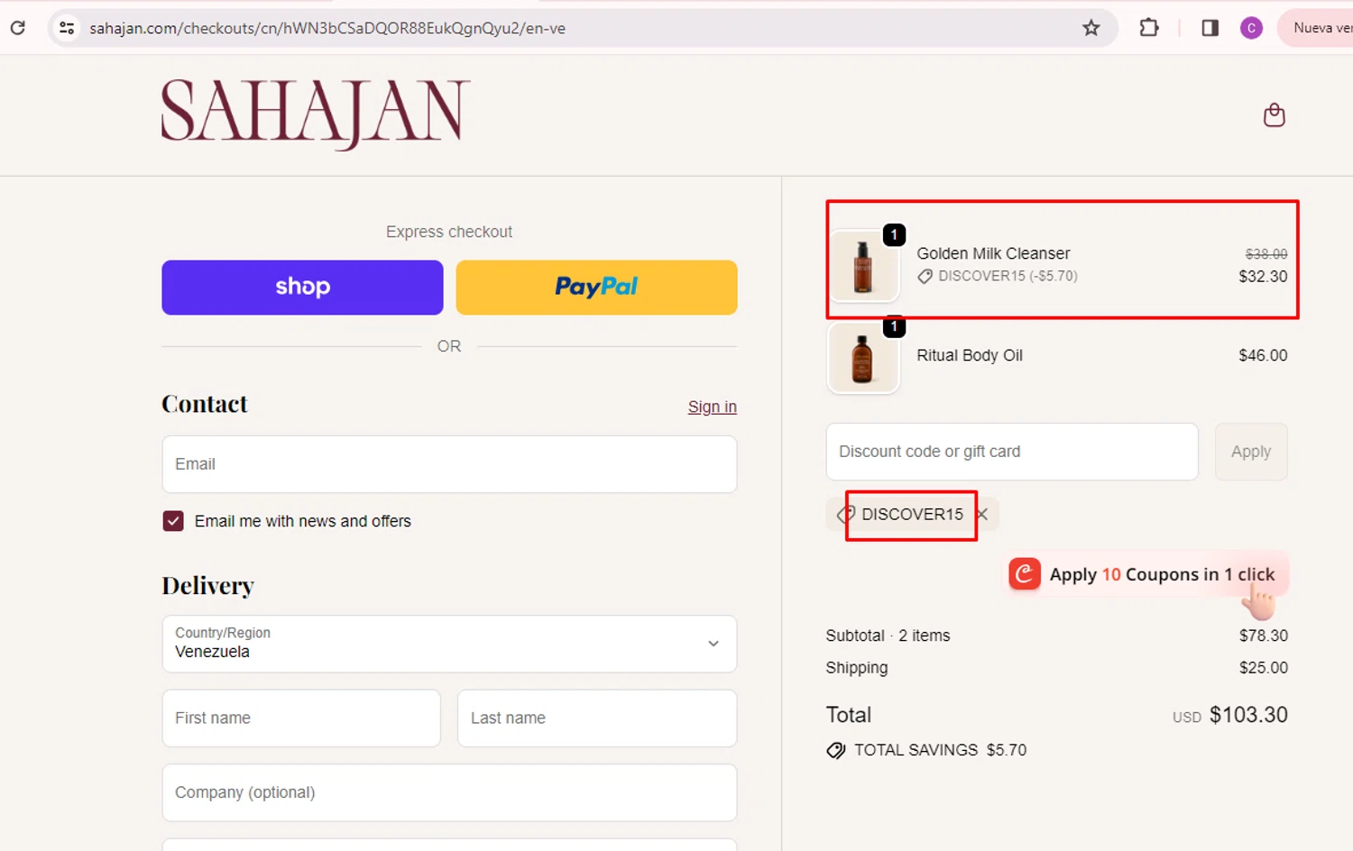 Sahajan discount code screenshot showing code DISCOVER15 applied at Sahajan checkout page. Uploaded by SimplyCodes community member nileskamarcano on Oct 1, 2025