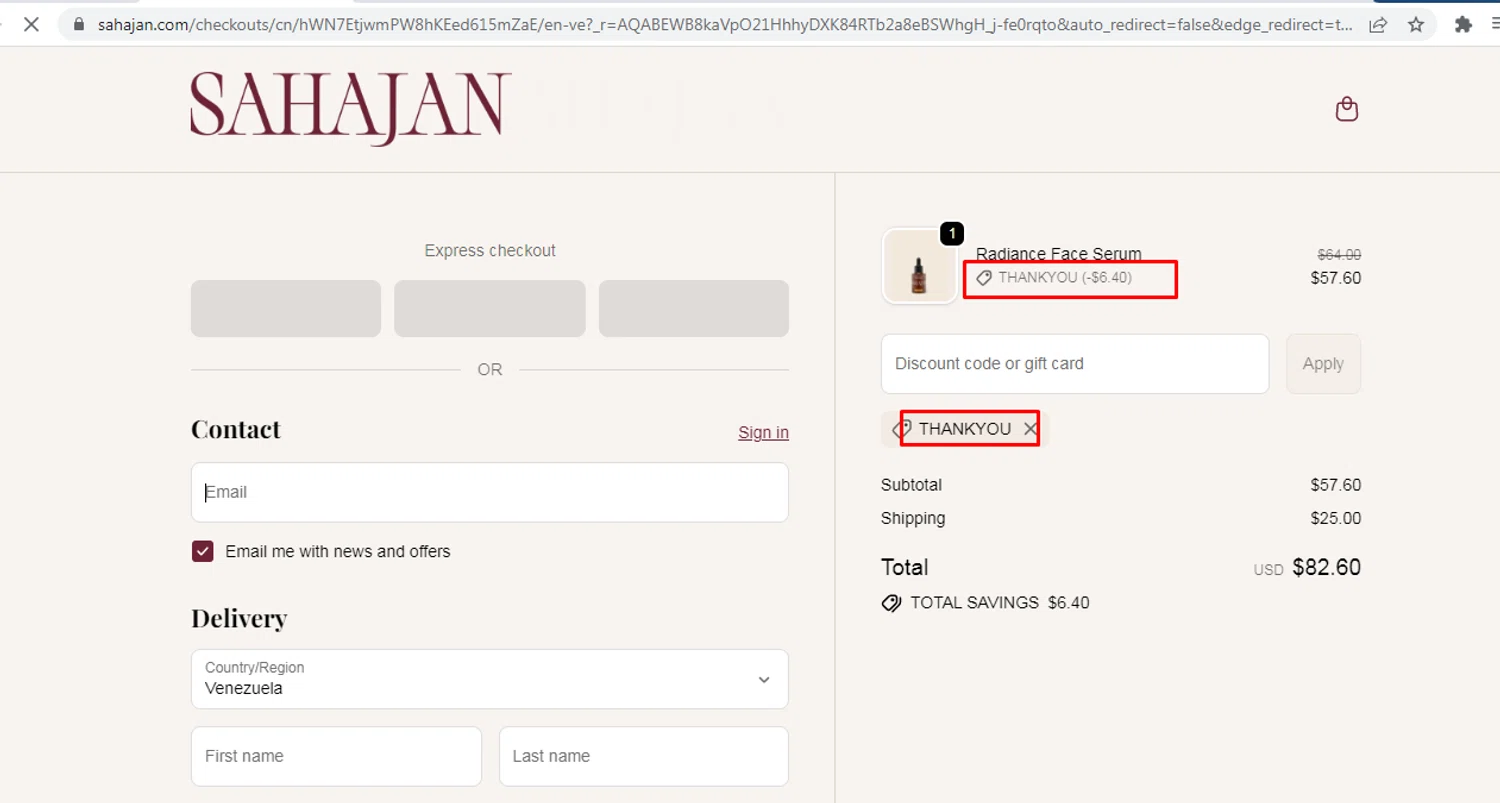 Sahajan discount code screenshot showing code THANKYOU applied at Sahajan checkout page. Uploaded by SimplyCodes community member nileskamarcano on Jan 5, 2026