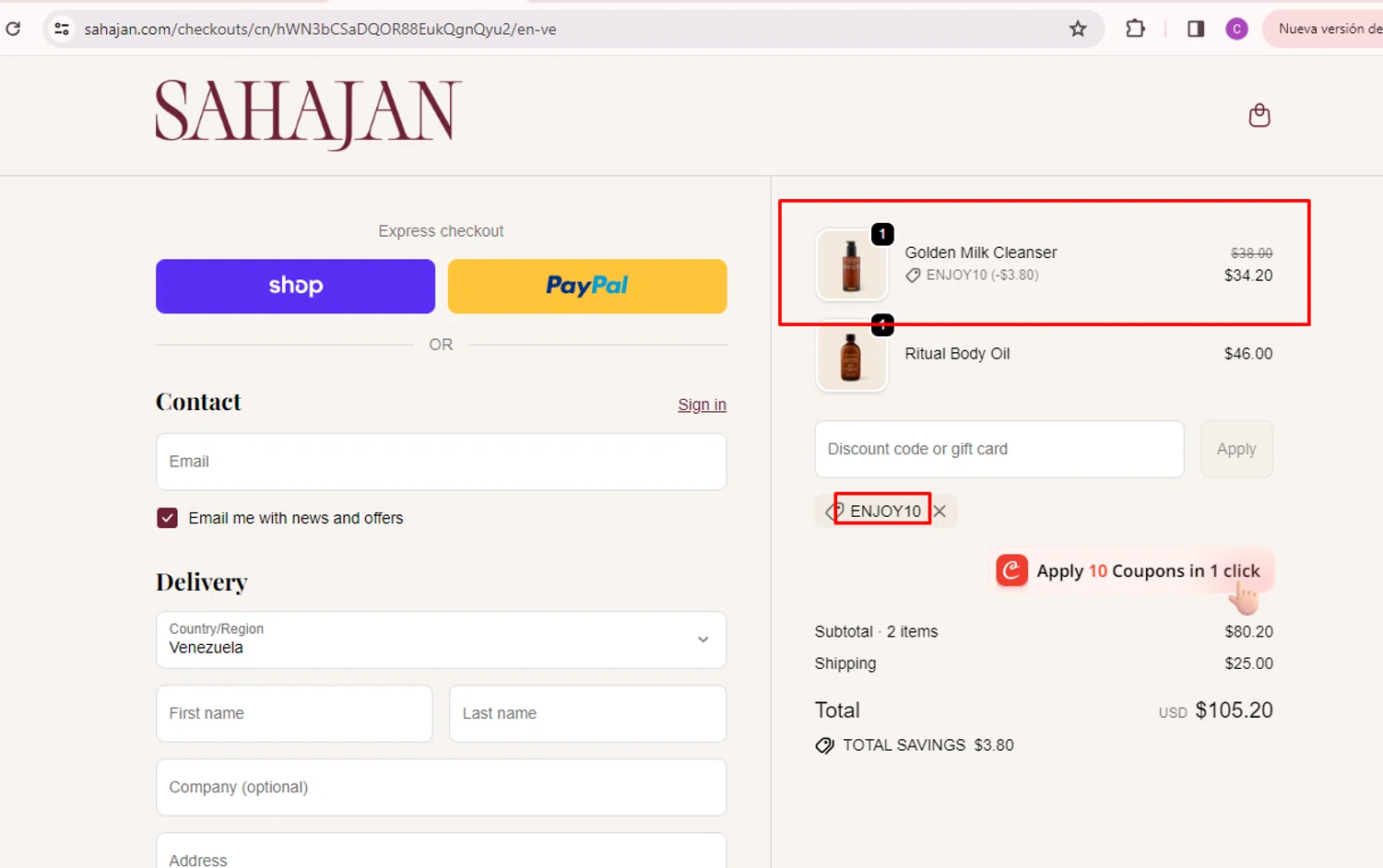 Sahajan discount code screenshot showing code ENJOY10 applied at Sahajan checkout page. Uploaded by SimplyCodes community member nileskamarcano on Oct 1, 2025