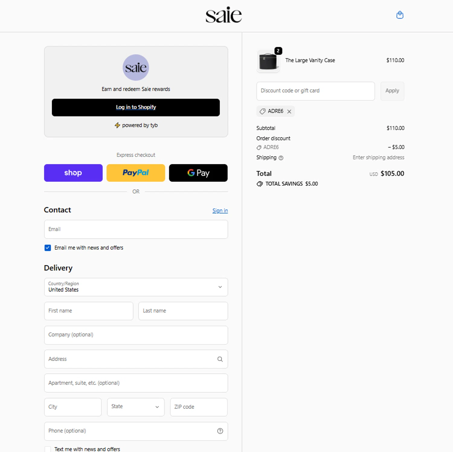Saie promo code screenshot showing code ADRE6 applied at Saie checkout page. Uploaded by SimplyCodes community member reggiesmith on Jan 17, 2026