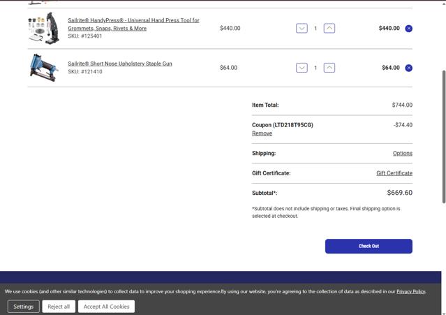 Sailrite checkout page showing Sailrite coupon code box | Screenshot taken by SimplyCodes community member on Aug 17, 2025