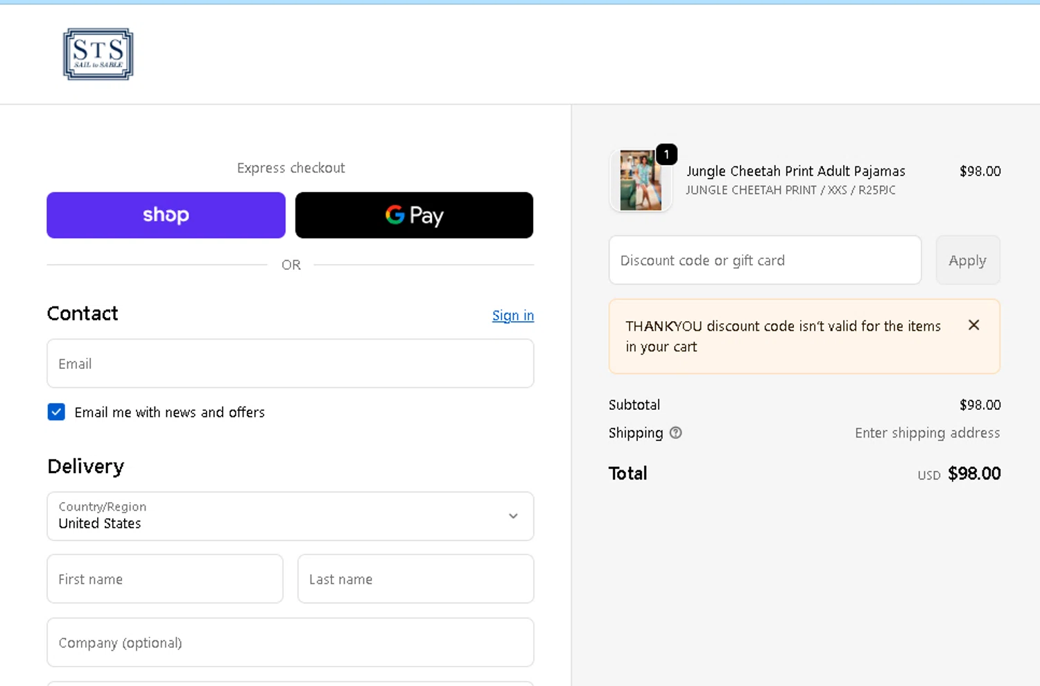 Sail to Sable discount code screenshot showing code THANKYOU applied at Sail to Sable checkout page. Uploaded by SimplyCodes community member BLUEBLASTOISE on Dec 30, 2025