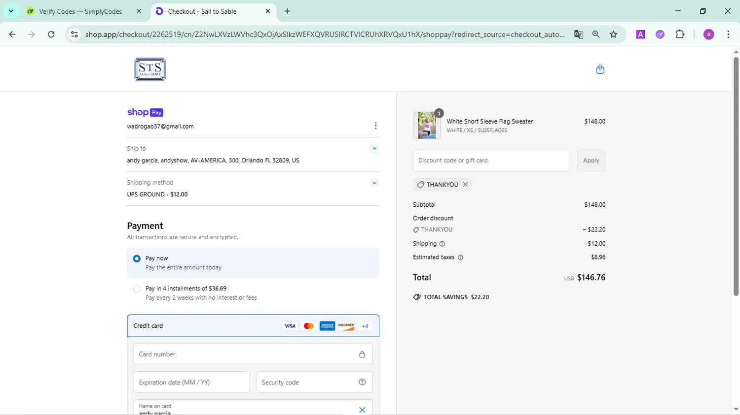 Sail to Sable discount code screenshot showing code THANKYOU applied at Sail to Sable checkout page. Uploaded by SimplyCodes community member FortunatePilot2384 on Jun 19, 2025