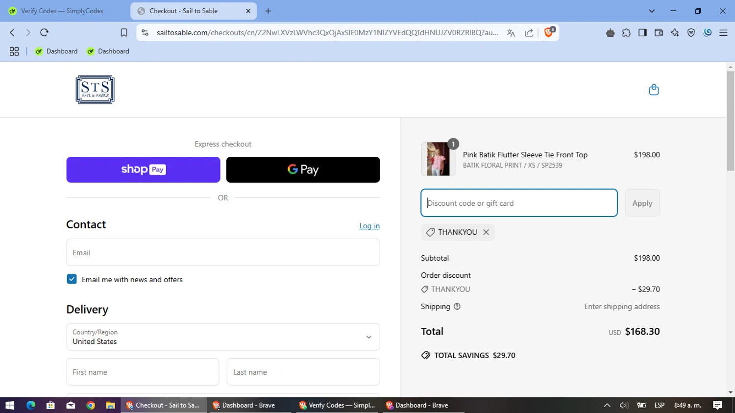 Sail to Sable discount code screenshot showing code THANKYOU applied at Sail to Sable checkout page. Uploaded by SimplyCodes community member BrilliantCollector151 on Mar 24, 2025