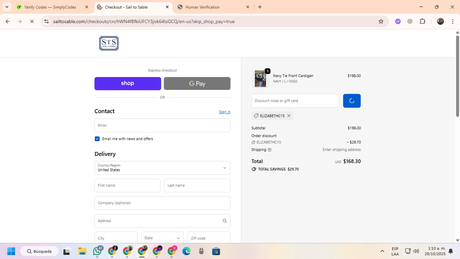 Sail to Sable discount code screenshot showing code ELIZABETHC15 applied at Sail to Sable checkout page. Uploaded by SimplyCodes community member CoinScout855 on Oct 29, 2025