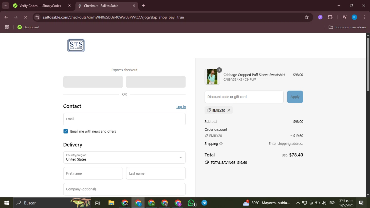 Sail to Sable discount code screenshot showing code EMILY20 applied at Sail to Sable checkout page. Uploaded by SimplyCodes community member Aemontar on Jul 19, 2025