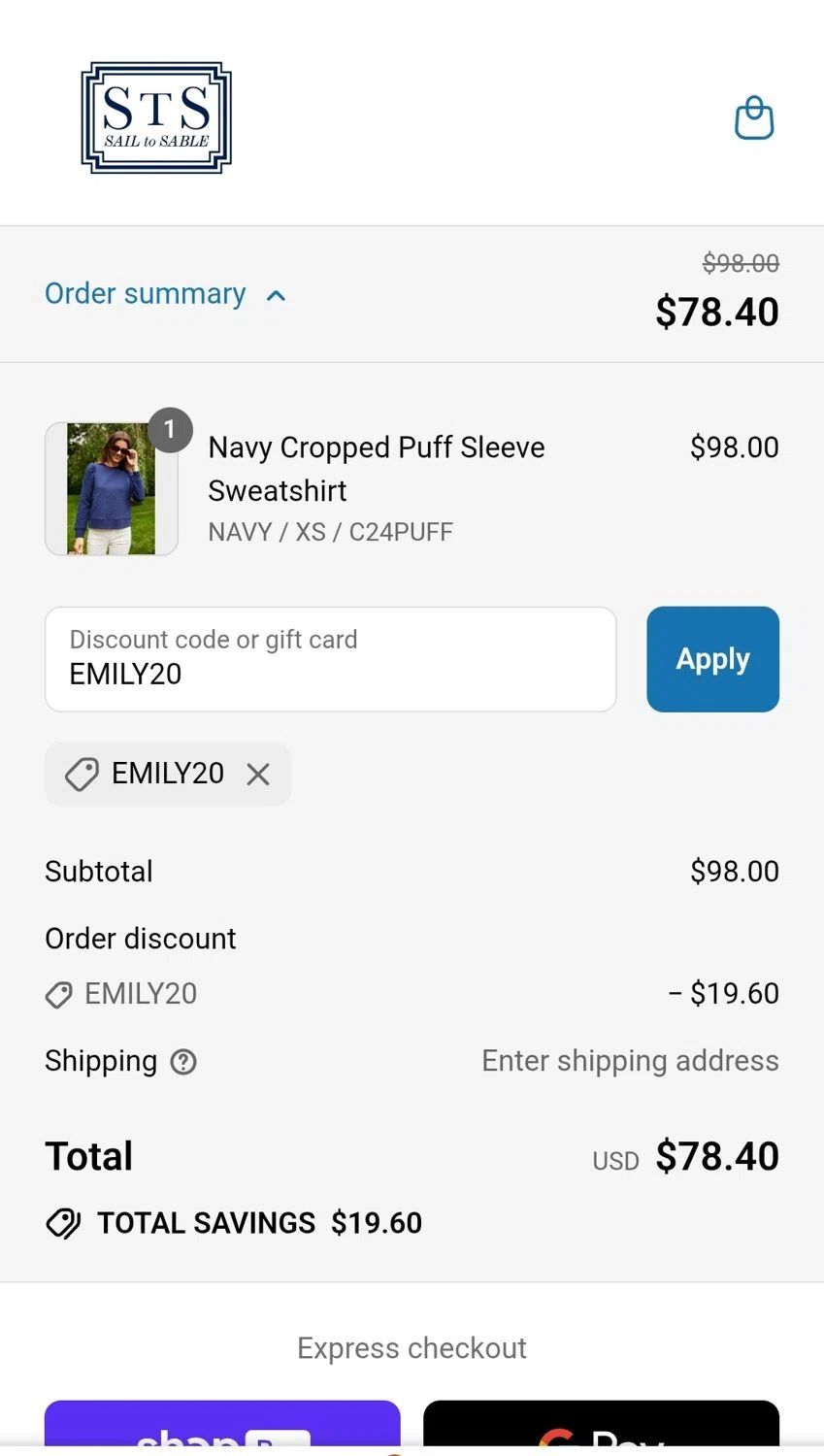 Sail to Sable discount code screenshot showing code EMILY20 applied at Sail to Sable checkout page. Uploaded by SimplyCodes community member JuanMonge on Jul 7, 2025