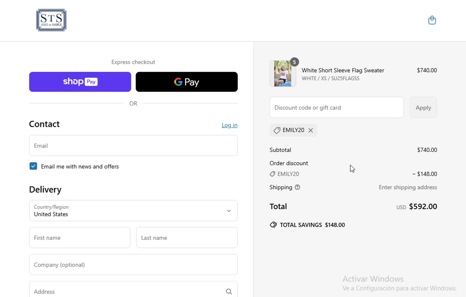 Sail to Sable discount code screenshot showing code EMILY20 applied at Sail to Sable checkout page. Uploaded by SimplyCodes community member VictoriousElite9587 on Jun 24, 2025