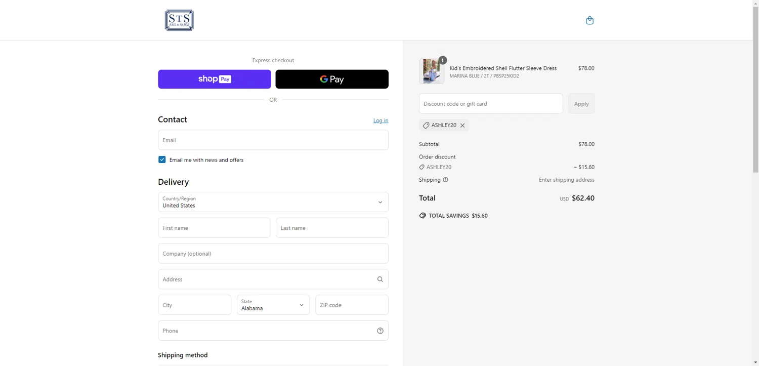 Sail to Sable discount code screenshot showing code ASHLEY20 applied at Sail to Sable checkout page. Uploaded by SimplyCodes community member CashSentinel5495 on May 9, 2025