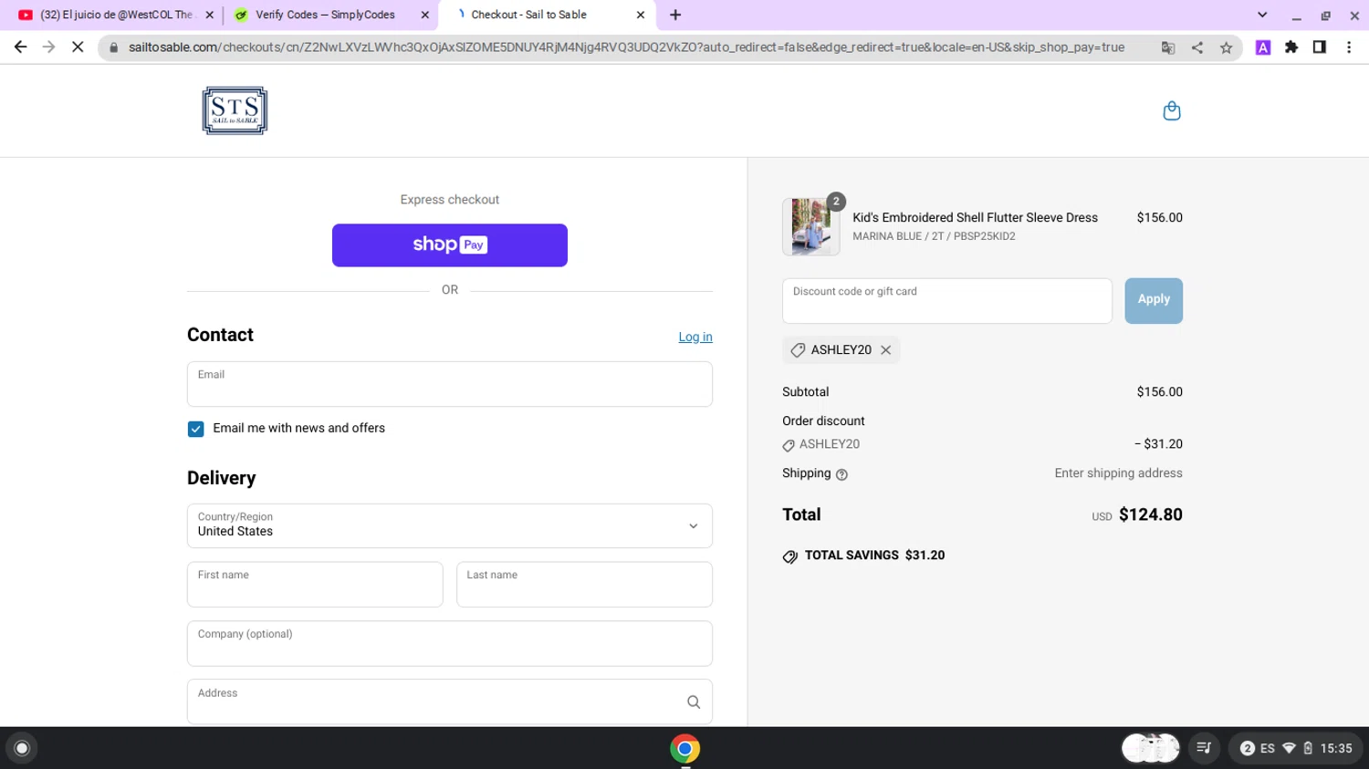 Sail to Sable discount code screenshot showing code ASHLEY20 applied at Sail to Sable checkout page. Uploaded by SimplyCodes community member lapampita on May 19, 2025