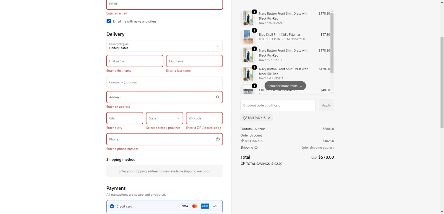 Sail to Sable discount code screenshot showing code BRITTANY15 applied at Sail to Sable checkout page. Uploaded by SimplyCodes community member TreasureKnight4134 on Feb 13, 2026