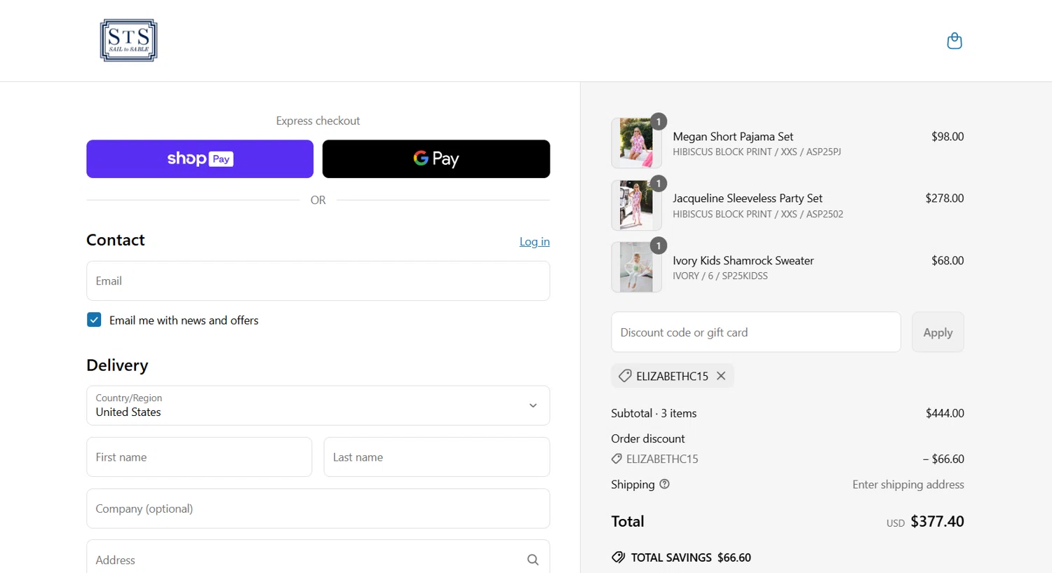Sail to Sable discount code screenshot showing code ELIZABETHC15 applied at Sail to Sable checkout page. Uploaded by SimplyCodes community member jade5416625024720 on Mar 18, 2025