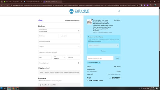 SainSmart checkout page showing SainSmart promo code box | Screenshot taken by SimplyCodes community member on Aug 30, 2025