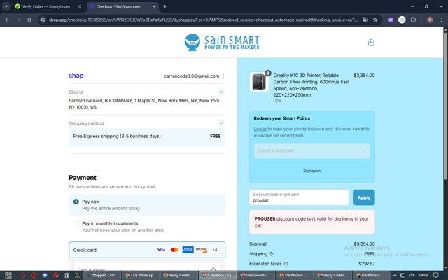 SainSmart checkout page showing SainSmart promo code box | Screenshot taken by SimplyCodes community member on Aug 30, 2025