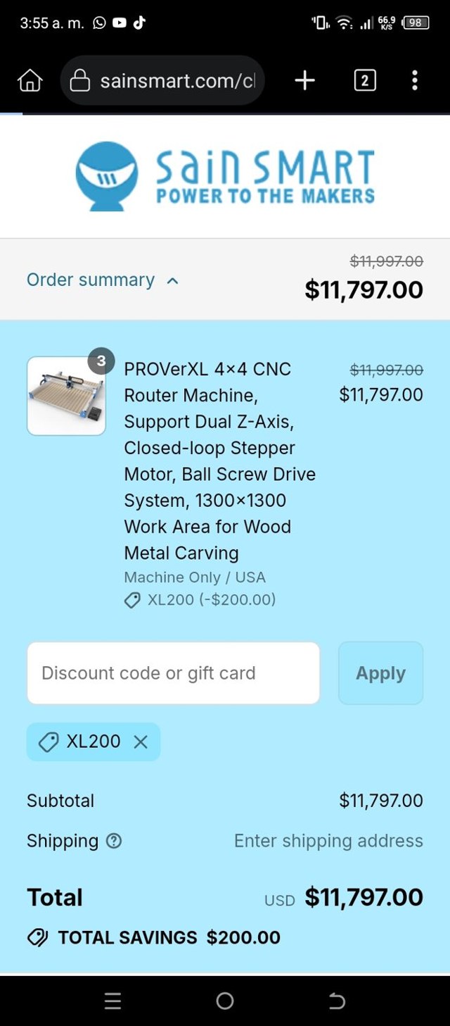 SainSmart checkout page showing SainSmart promo code box | Screenshot taken by SimplyCodes community member on Aug 30, 2025