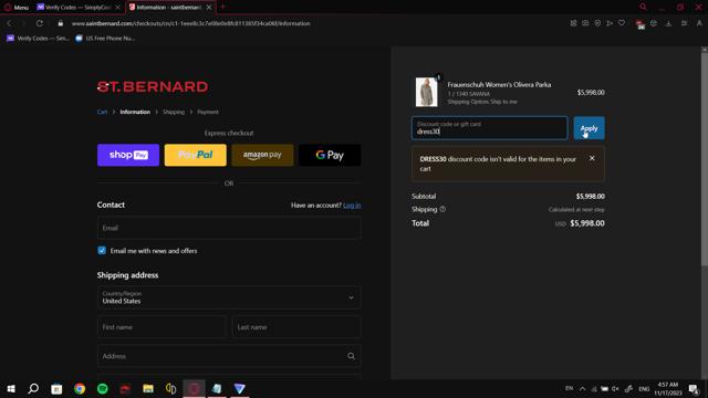 Saint Bernard checkout page showing Saint Bernard discount code box | Screenshot taken by SimplyCodes community member on Nov 17, 2023