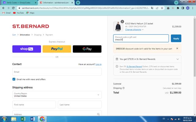 Saint Bernard checkout page showing Saint Bernard discount code box | Screenshot taken by SimplyCodes community member on Feb 9, 2024
