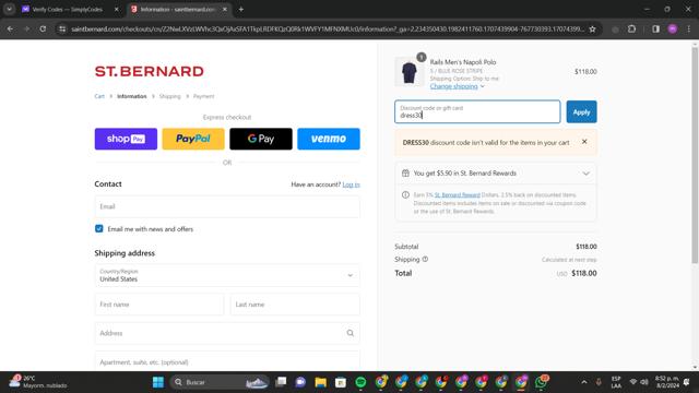Saint Bernard checkout page showing Saint Bernard discount code box | Screenshot taken by SimplyCodes community member on Feb 9, 2024