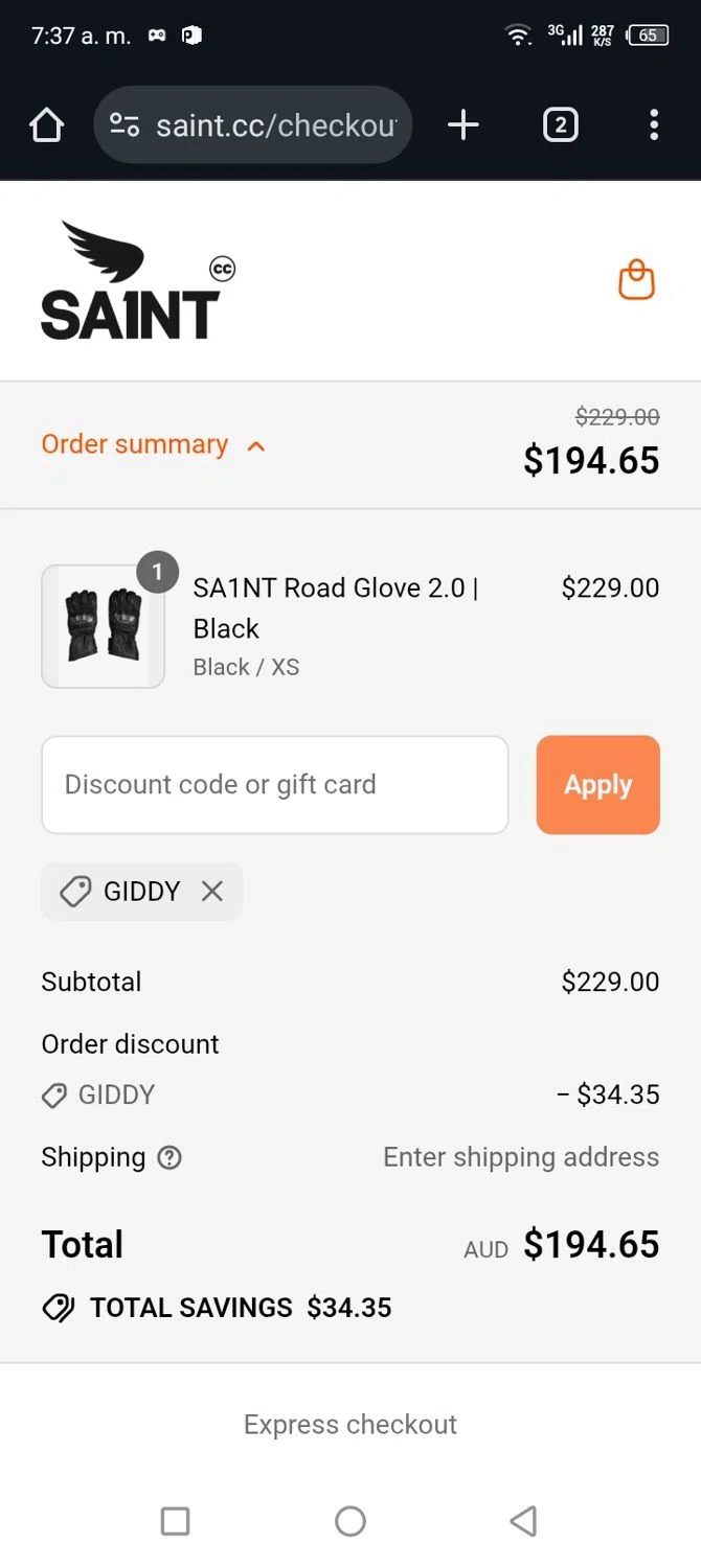 Saint C.C. promo code screenshot showing code GIDDY applied at Saint C.C. checkout page. Uploaded by SimplyCodes community member CARLOSSLIM on Jul 18, 2025