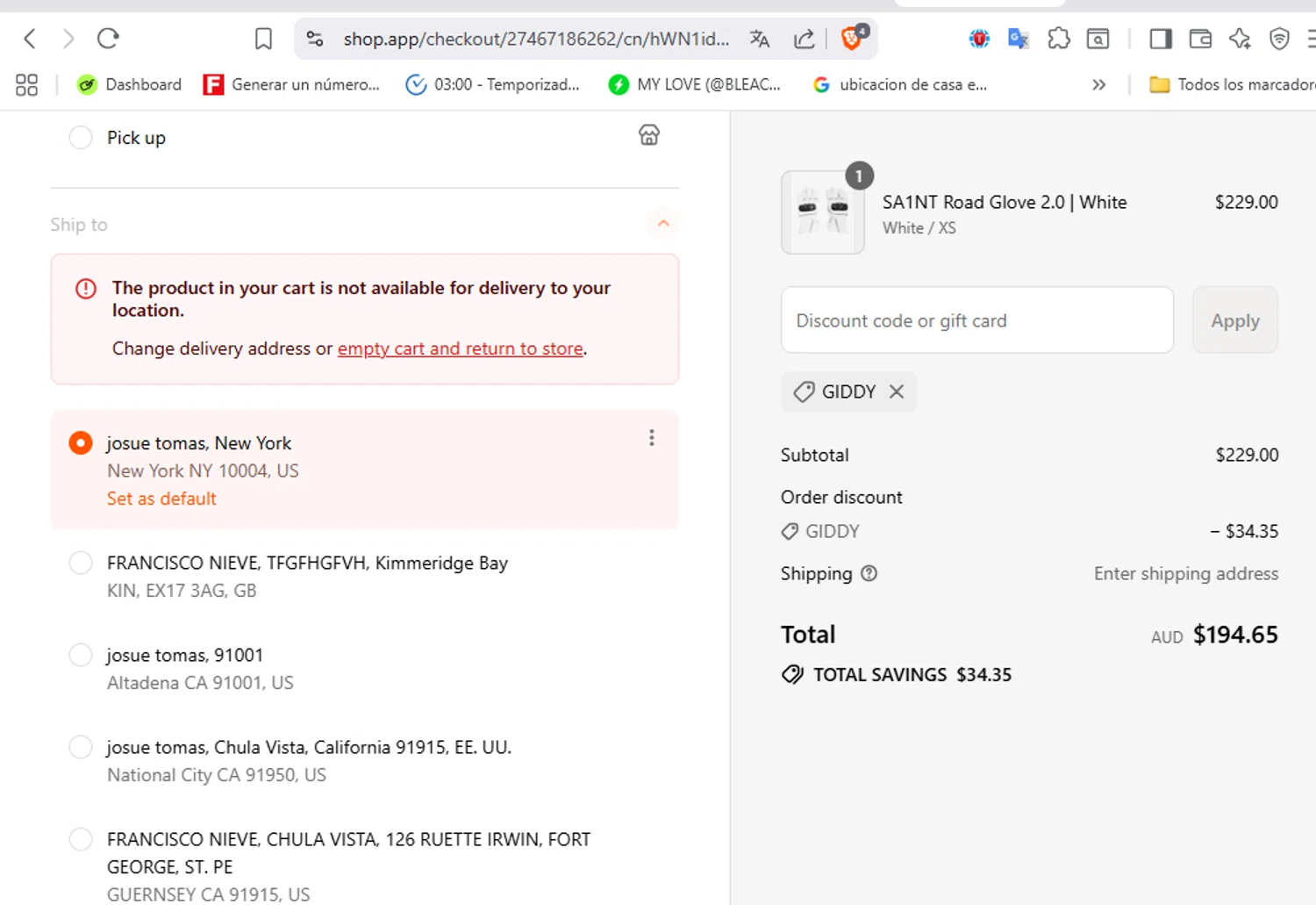 Saint C.C. promo code screenshot showing code GIDDY applied at Saint C.C. checkout page. Uploaded by SimplyCodes community member VoucherFalcon3942 on Aug 12, 2025