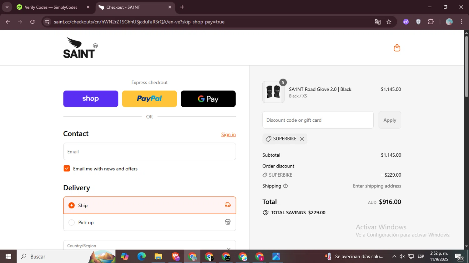 Saint C.C. promo code screenshot showing code SUPERBIKE applied at Saint C.C. checkout page. Uploaded by SimplyCodes community member LegendaryPro7106 on Sep 11, 2025