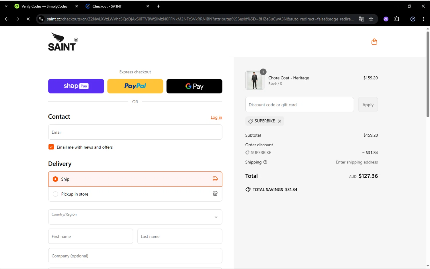 Saint C.C. promo code screenshot showing code SUPERBIKE applied at Saint C.C. checkout page. Uploaded by SimplyCodes community member aleixmase on Jun 23, 2025