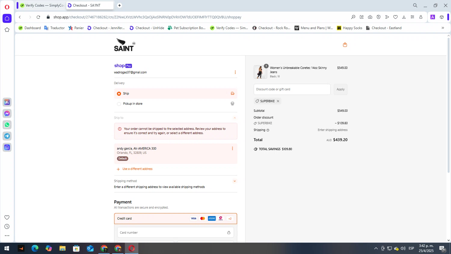 Saint C.C. promo code screenshot showing code SUPERBIKE applied at Saint C.C. checkout page. Uploaded by SimplyCodes community member elbicho22 on Apr 25, 2025