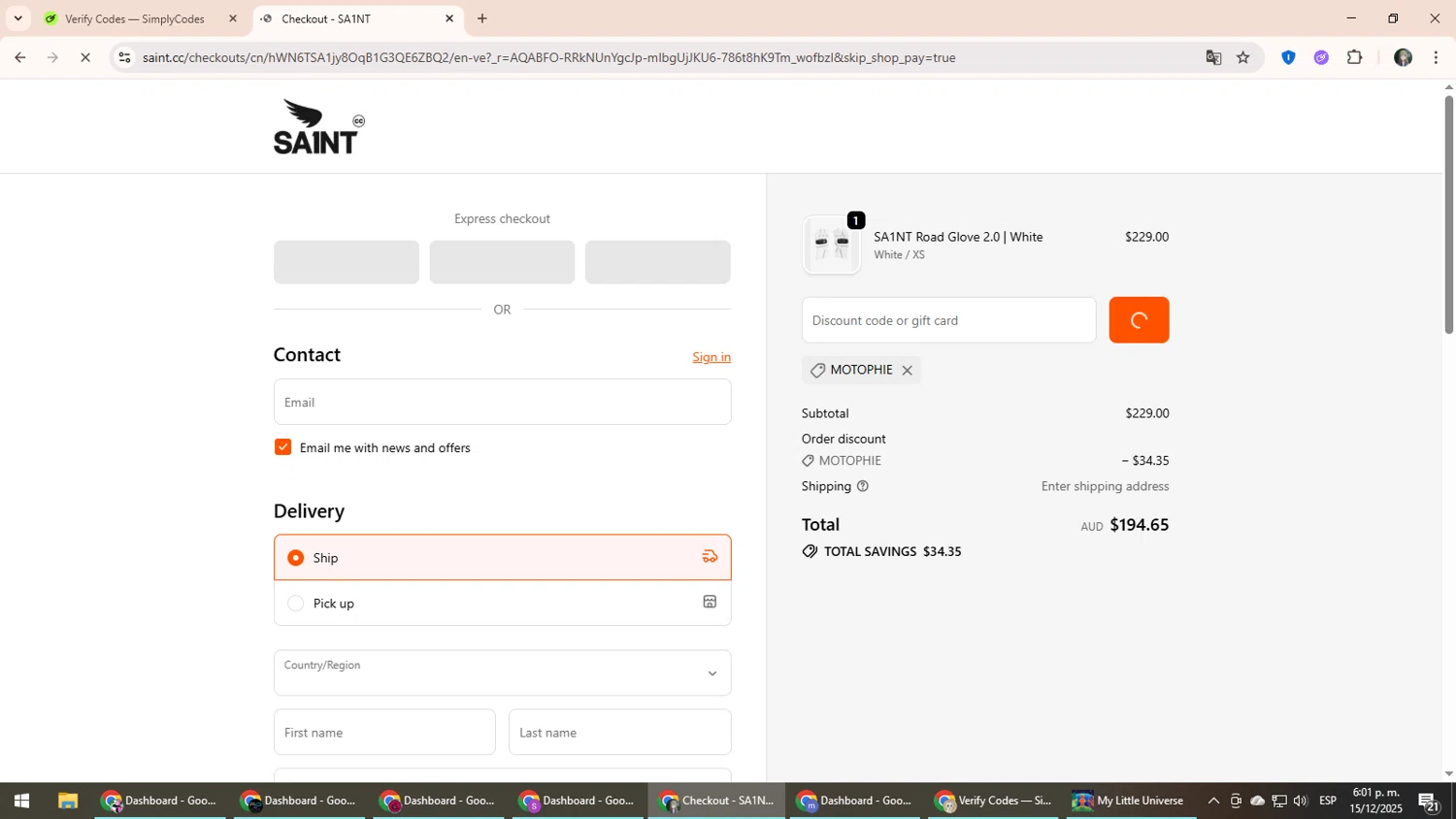 Saint C.C. promo code screenshot showing code MOTOPHIE applied at Saint C.C. checkout page. Uploaded by SimplyCodes community member CleverLynx6871 on Dec 15, 2025