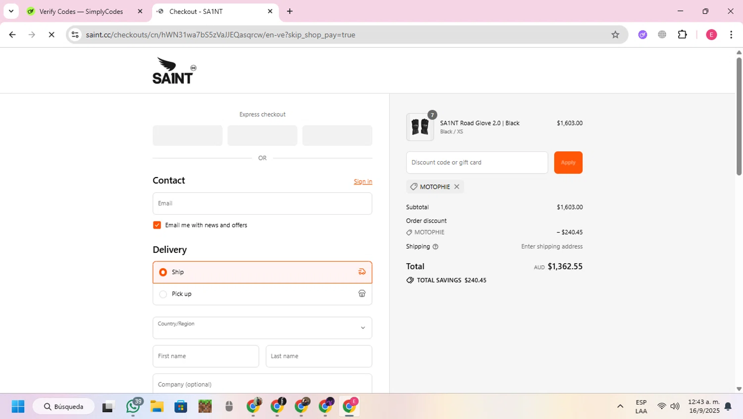 Saint C.C. promo code screenshot showing code MOTOPHIE applied at Saint C.C. checkout page. Uploaded by SimplyCodes community member VoucherExpert2930 on Sep 16, 2025