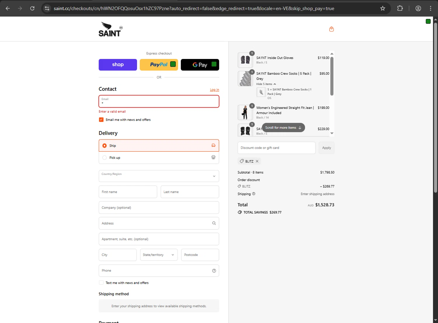 Saint C.C. promo code screenshot showing code BLITZ applied at Saint C.C. checkout page. Uploaded by SimplyCodes community member Aljondris97 on Aug 30, 2025