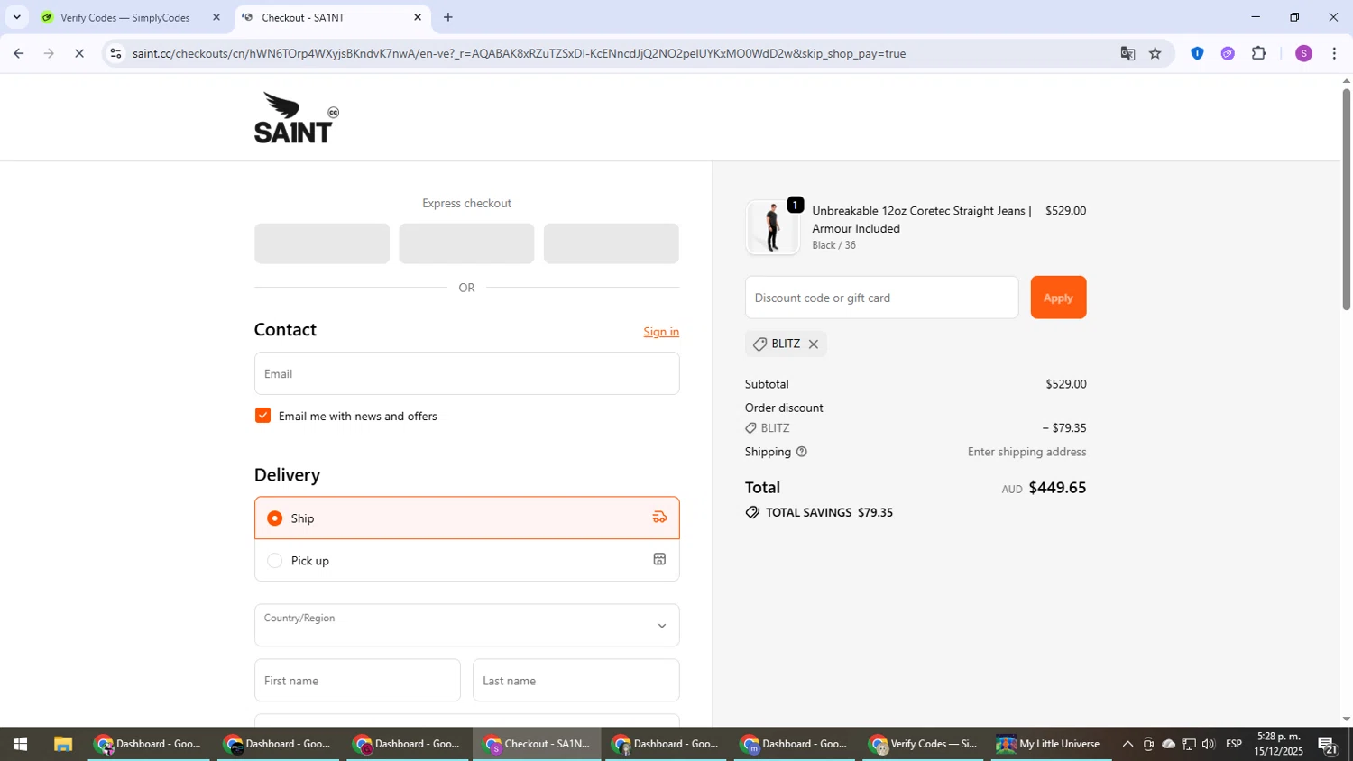 Saint C.C. promo code screenshot showing code BLITZ applied at Saint C.C. checkout page. Uploaded by SimplyCodes community member Son_Goku on Dec 15, 2025