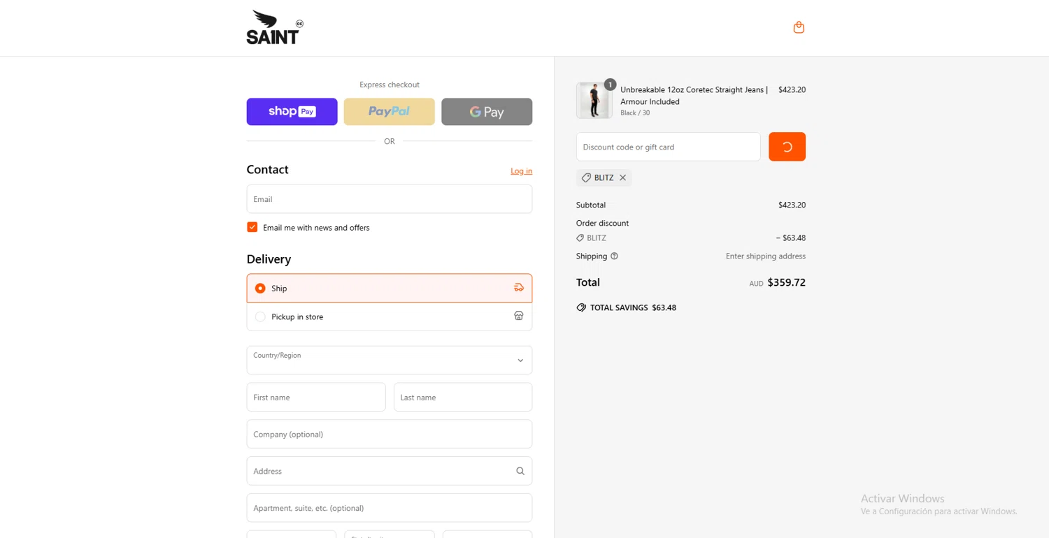 Saint C.C. promo code screenshot showing code BLITZ applied at Saint C.C. checkout page. Uploaded by SimplyCodes community member VoucherLynx1047 on Jun 25, 2025