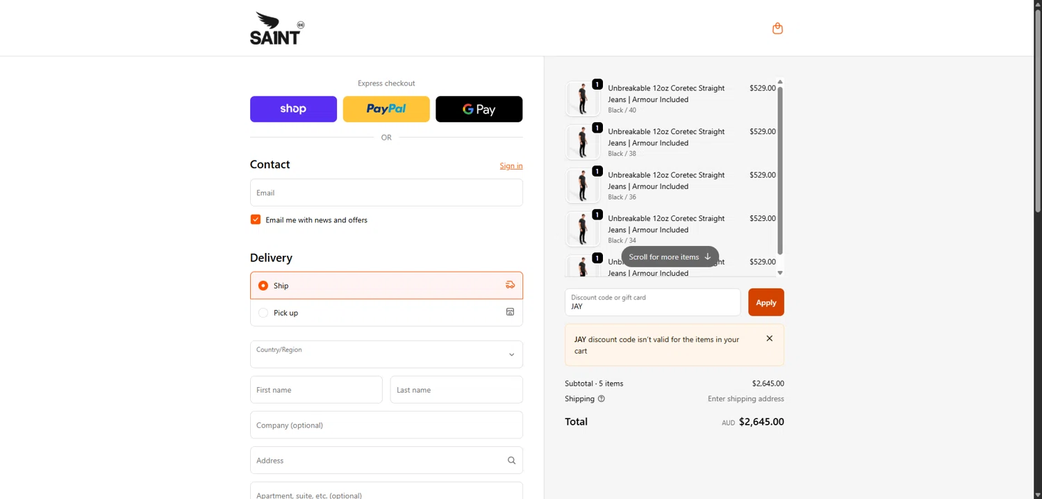 Saint C.C. promo code screenshot showing code JAY applied at Saint C.C. checkout page. Uploaded by SimplyCodes community member SavvyLion5780 on Dec 15, 2025