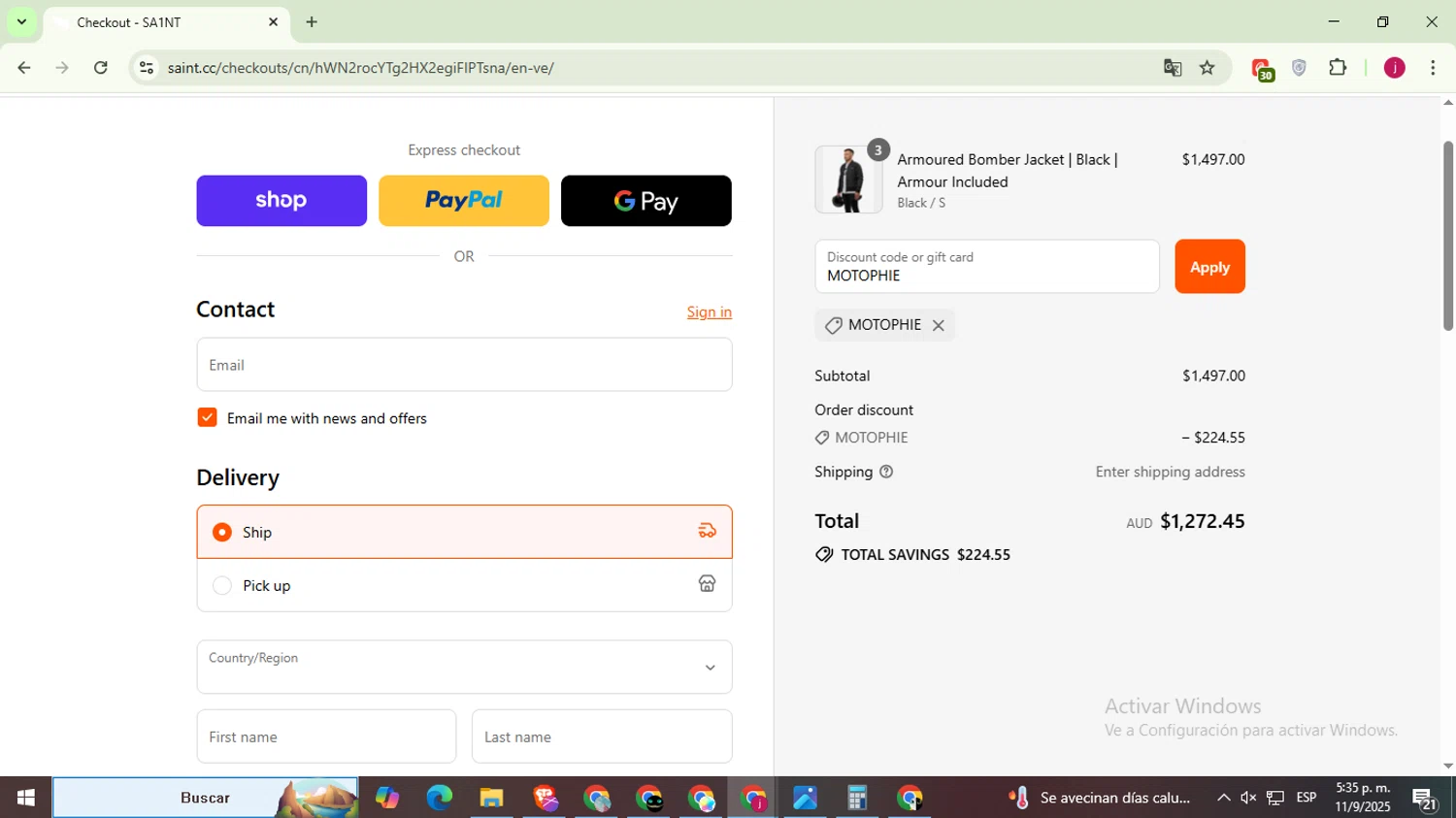 Saint C.C. promo code screenshot showing code MOTOPHIE applied at Saint C.C. checkout page. Uploaded by SimplyCodes community member MoneyScholar5687 on Sep 11, 2025