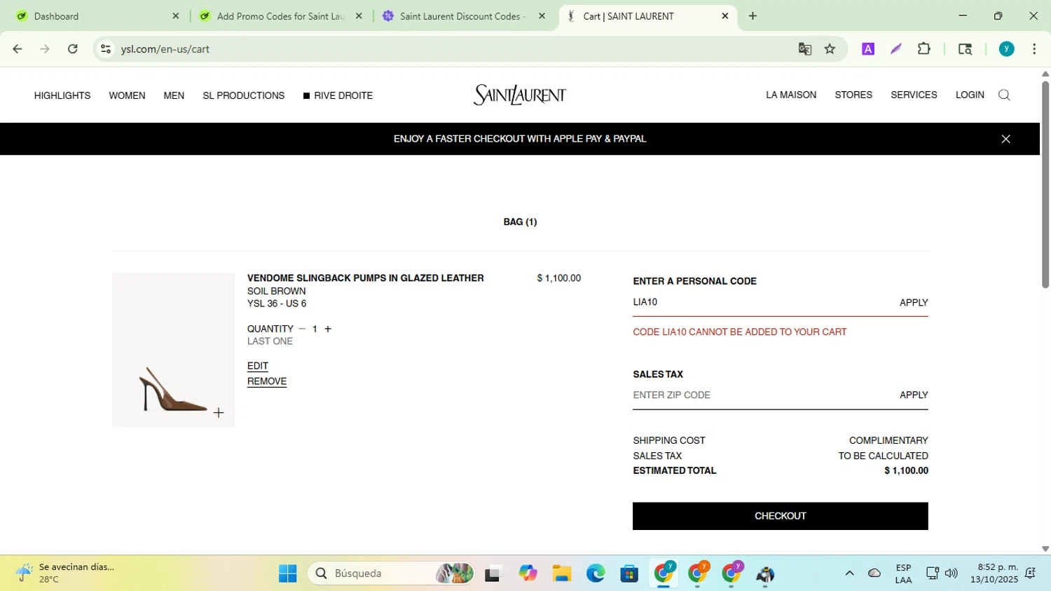 Saint Laurent promo code screenshot showing code LIA10 applied at Saint Laurent checkout page. Uploaded by SimplyCodes community member yadiracg074 on Oct 14, 2025