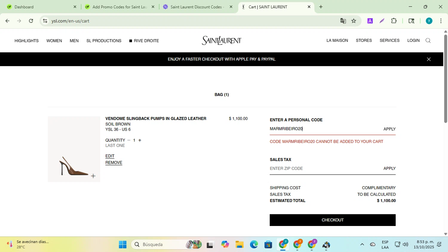 Saint Laurent promo code screenshot showing code MARMRIBEIRO20 applied at Saint Laurent checkout page. Uploaded by SimplyCodes community member yadiracg074 on Oct 14, 2025