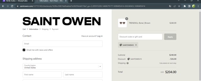 Saint Owen checkout page showing Saint Owen promo code box | Screenshot taken by SimplyCodes community member on Oct 27, 2023