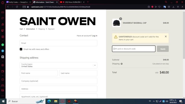 Saint Owen checkout page showing Saint Owen promo code box | Screenshot taken by SimplyCodes community member on Aug 30, 2023