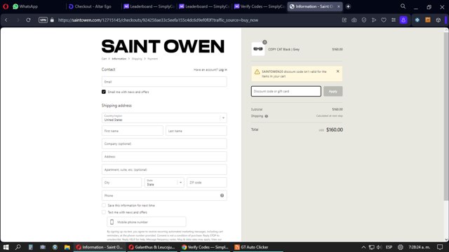 Saint Owen checkout page showing Saint Owen promo code box | Screenshot taken by SimplyCodes community member on Sep 28, 2023