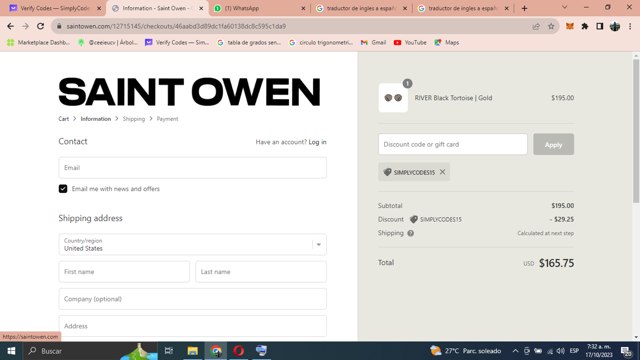 Saint Owen checkout page showing Saint Owen promo code box | Screenshot taken by SimplyCodes community member on Oct 17, 2023