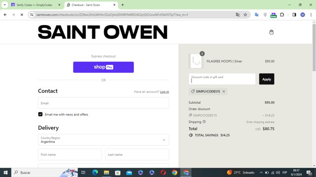 Saint Owen checkout page showing Saint Owen promo code box | Screenshot taken by SimplyCodes community member on Jan 8, 2024