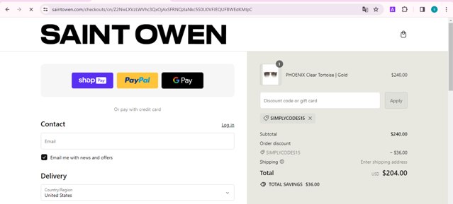 Saint Owen checkout page showing Saint Owen promo code box | Screenshot taken by SimplyCodes community member on Apr 4, 2024