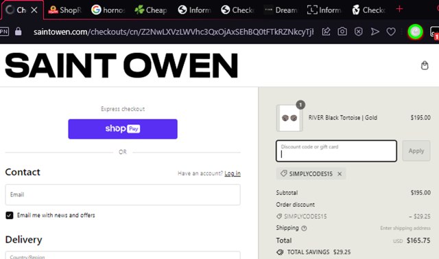 Saint Owen checkout page showing Saint Owen promo code box | Screenshot taken by SimplyCodes community member on Dec 10, 2023
