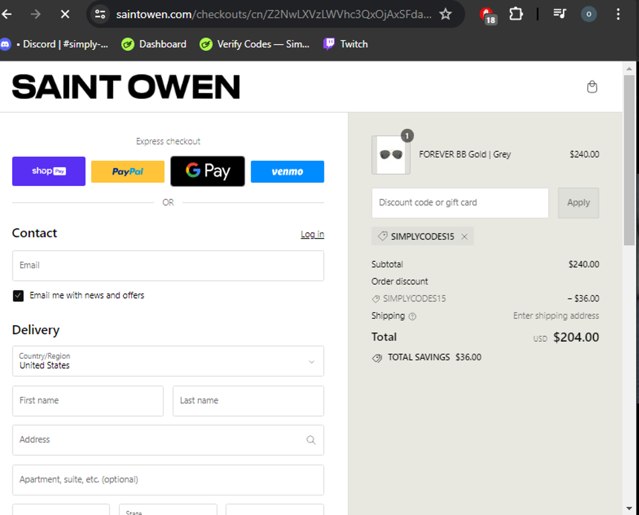 Saint Owen checkout page showing Saint Owen promo code box | Screenshot taken by SimplyCodes community member on May 3, 2024