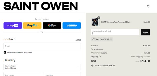 Saint Owen checkout page showing Saint Owen promo code box | Screenshot taken by SimplyCodes community member on Mar 6, 2024